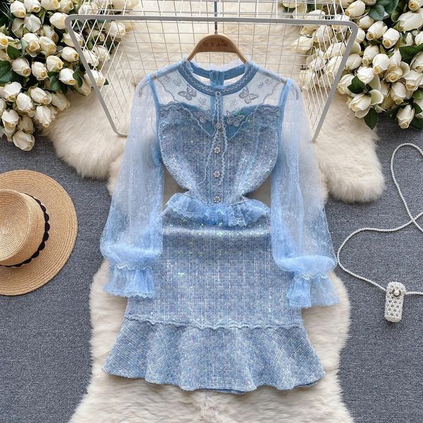 Vestidos casuais runway bordado lantejoulas tweed vestido feminino babados frisado lanterna manga azul malha retalhos magro vintage vestidos 2024