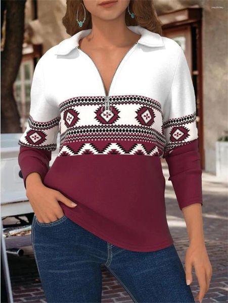 Женские поло, рубашка-поло с этническим принтом, осень/зима, пуловер на молнии с v-образным вырезом и длинными рукавами, модная женская офисная блузка, женская ткань