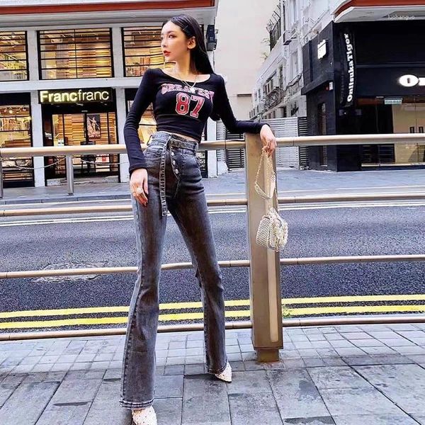 Jeans femininos internet celebridades maré ins retro versão coreana botas calças micro-flare preto cintura alta f1578