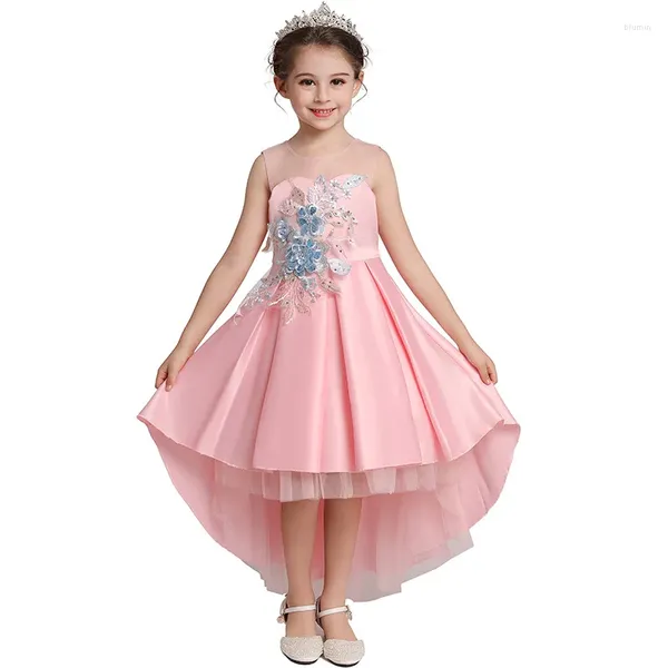 Платья для девочек, элегантное праздничное сетчатое платье с лепестками и бисером для торта, детское платье принцессы с хвостом, день рождения, выпускной