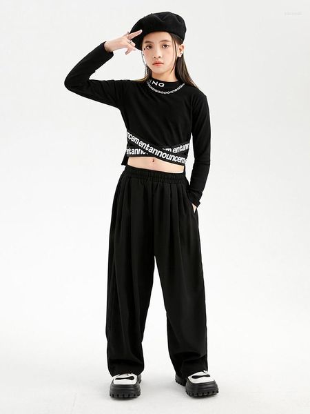 Stage Wear Schwarz Jazz Dance Kostüm für Mädchen Crop Sweatshirt Hose Hip Hop Kleidung Ballsaal Praxis Kpop Performance Anzug BL9649