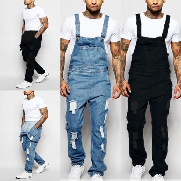 Zerrissene Jeans-Overalls für Herren, modische Hosenträgerhose in voller Länge, Jeans, High Street-Overall, Distressed-Freizeithose