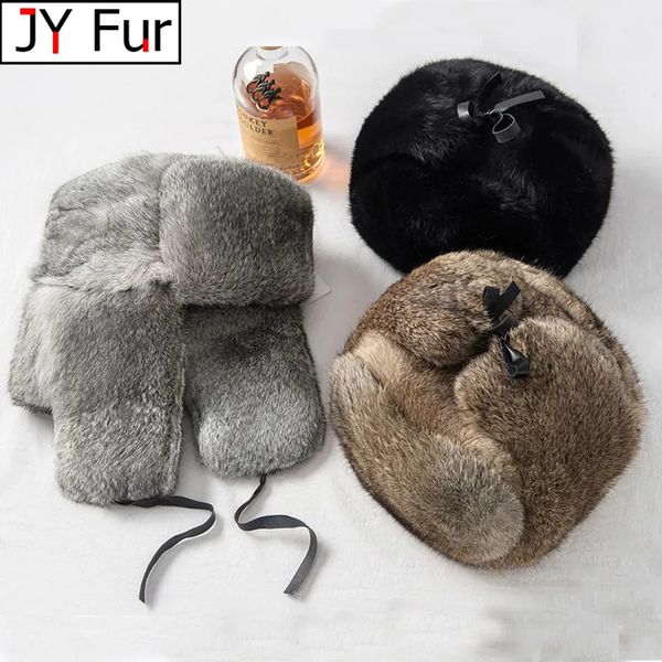 Ear Muffs Rabbit Fur Cap Homem Inverno Genuíno 100% Pele Bomber Chapéu À Prova de Vento Quente Earmuffs Masculino Flat Cinza / Preto Chapéu Russo Equipado Casquette 231109