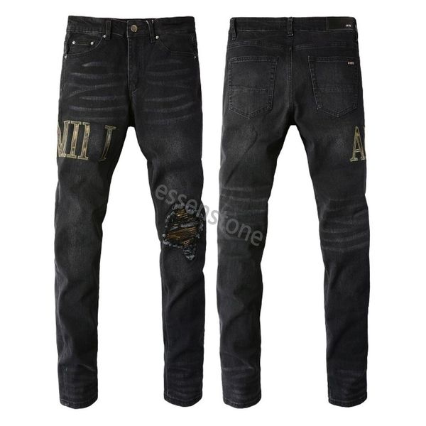 Miris bedruckte Stickerei Miri Designer Herrenjeans Motorradloch Luxus Blue Denim Herrenmode Streetwear Herren Designerhosen Großhandel Bin Distressed Jeans für Herren