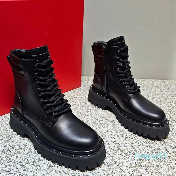 2024 – Stiefeletten aus Vollnarbenleder, Kalbsleder, niedriger Absatz, Schnürung, abgerundete Spitze, seitlicher Reißverschluss, Kampfstiefel für Damen, Outdoor-Schuhe, Luxus-Designer-Booties, Fabrikschuhe