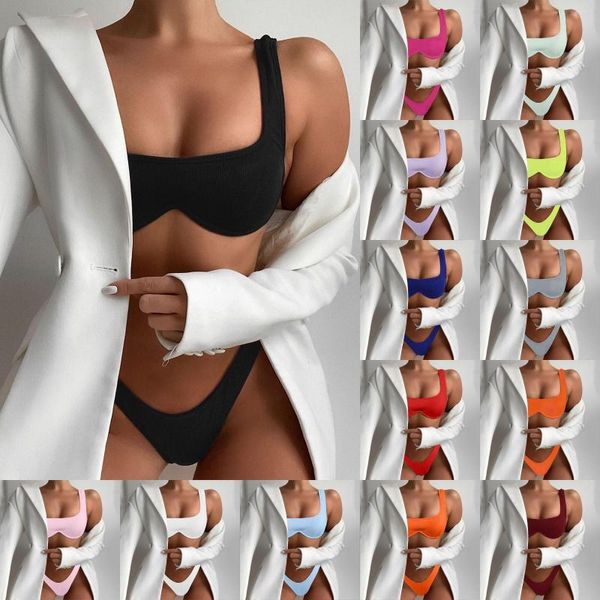 Kadın Mayo Kadınlar İki Parçalı Düz ​​Renk Takımları Seksi Split Strip Steel Destek Mayo Bikini Plaj Giyim