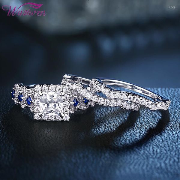 Ringos de cluster Wuziwen 3pcs Conjuntos de anel de casamento para mulheres sólidas 925 Sterling Silver Princess Cut Zircon ENGAGIENTE JOENS CLÁSSICAS DE