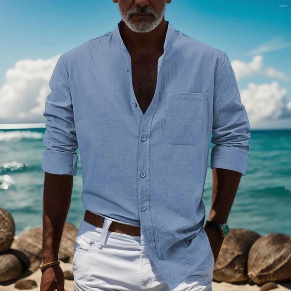 Camicie casual da uomo Cotone Lino a maniche lunghe Primavera Tinta unita Colletto alla coreana Abito da spiaggia Taglie forti Blusas