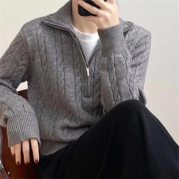 Kadın Sweaters 2023 Kış Örgü Sweater Kore Kadın Fermuar Deseni Gevşek All Maç Sonbahar Boğaz Külrome Tığ işi