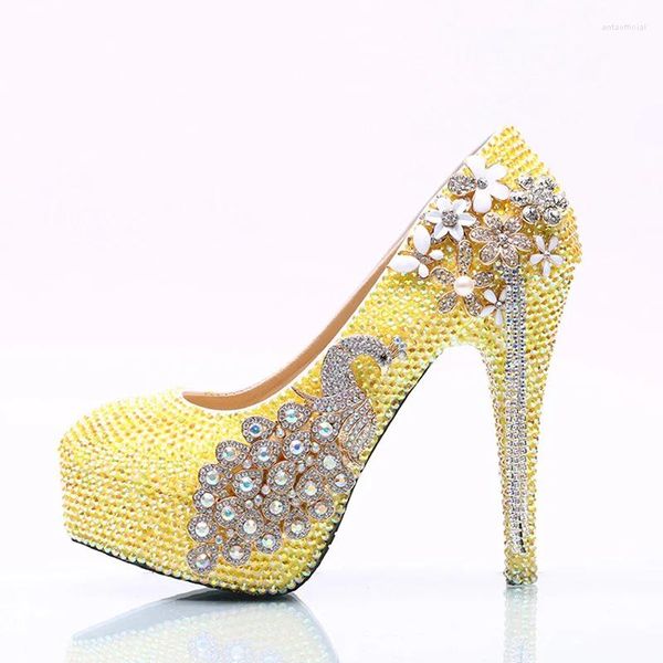 Sapatos de vestido limão amarelo strass festa de casamento artesanal nupcial menina aniversário salto alto bombas de baile plus size