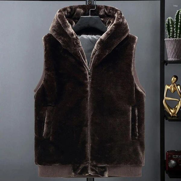 Coletes masculinos Homens Sem Mangas Casaco Grosso Casaco Aconchegante Colete de Inverno Pelúcia Faux Fur Com Capuz Colete Com Zíper Para Macio