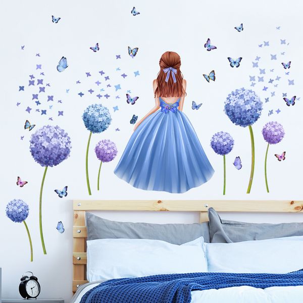 Wandaufkleber Blaue Serie Mädchen Schmetterling Löwenzahn Tapete abnehmbares Vinyl Heimtextilien Wohnzimmer Schlafzimmer 230410