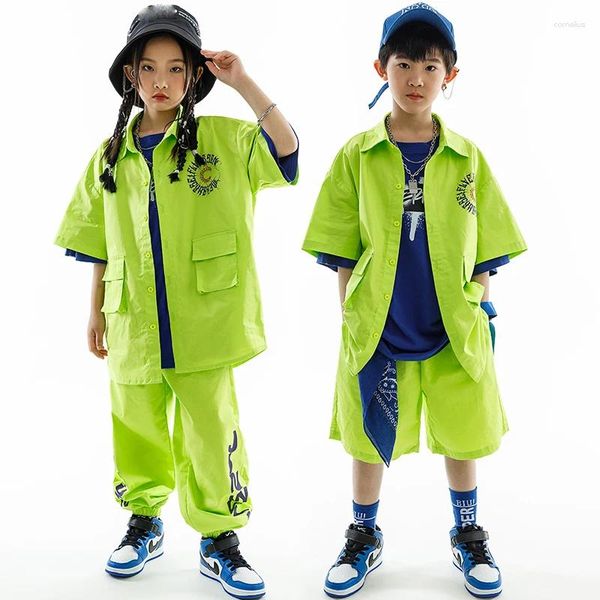 Bühne tragen 2023 Jazz Dance Kostüme Für Kinder Fluoreszierende Grüne Jacke Lose Hosen Anzug Jungen Mädchen Hip Hop Tanzen Rave kleidung DN15224