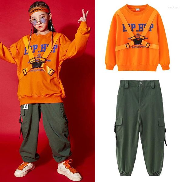 Palco desgaste crianças roupas laranja camisas calças de carga terno para meninas jazz dança trajes streetwear crianças hip hop roupas dqs14716