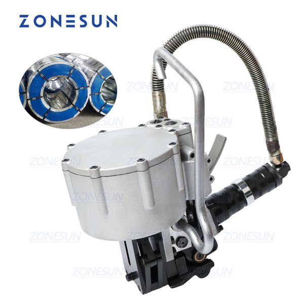 Zonesun Máquinas de vedação ZS-KZ32 Automático pneumático automático 19-32mm Máquina de cinta de cinto de aço embalagem de corte de tensão para ferramenta de cinta de aço de madeira
