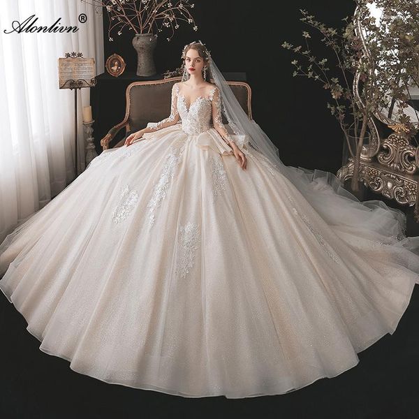 Abito da sposa Alonlivn Abiti da ballo in pizzo con applicazioni chic con maniche lunghe e gonne da sposa con strascico lungo in voile a strati