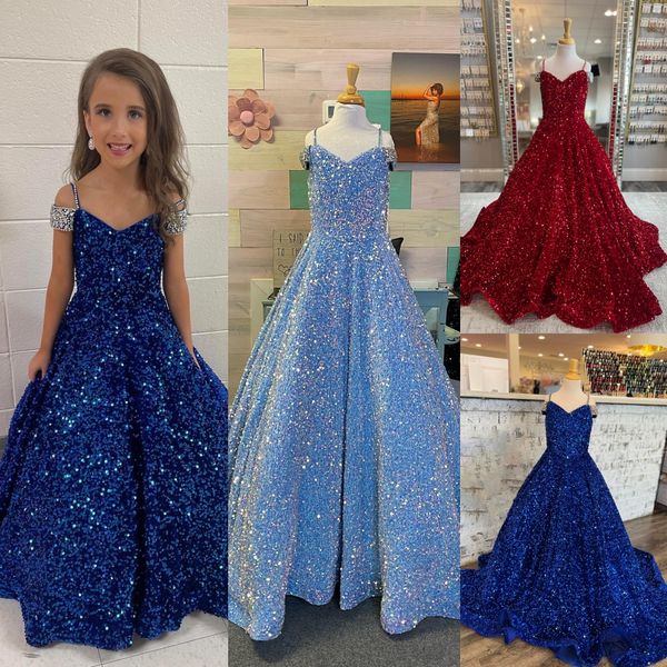 Schillerndes Festzugkleid für Mädchen 2023 Samt Pailletten Perlenstickerei Off-Shoulder kleines Kind Geburtstag formelles Partykleid A-Linie Kleinkind Teenager Preteen bodenlang Königsrot Blau