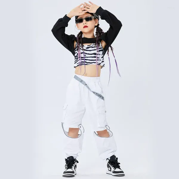 Stage di Usura 2023 Costumi di Prestazione di Danza Jazz per I Bambini Nero Crop Magliette E Camicette Allentati Pantaloni Bianchi Vestito Delle Ragazze Vestiti Hip Hop DQS8212