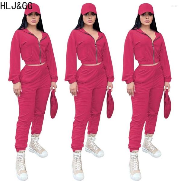 Calças femininas de duas peças hljgg rosa outono casual jogger define mulheres zíper manga longa com capuz colheita superior e roupas de treino 2023