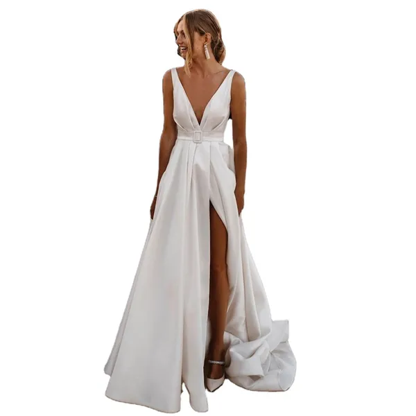 Sexy Garten Brautkleid mit tiefem V-Ausschnitt, weicher Satin, rückenfrei, ärmellos, hochgeteilter Bund, Brautkleid, Brautkleid in Übergröße