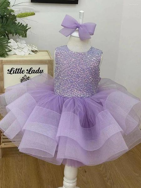 Kız Elbiseler Leylak Puf Çiçek Kızlar Elbise Prenses Düğün Ellikleri Sequined Organza Mürettebat Boyun Çocuk Doğum Günü