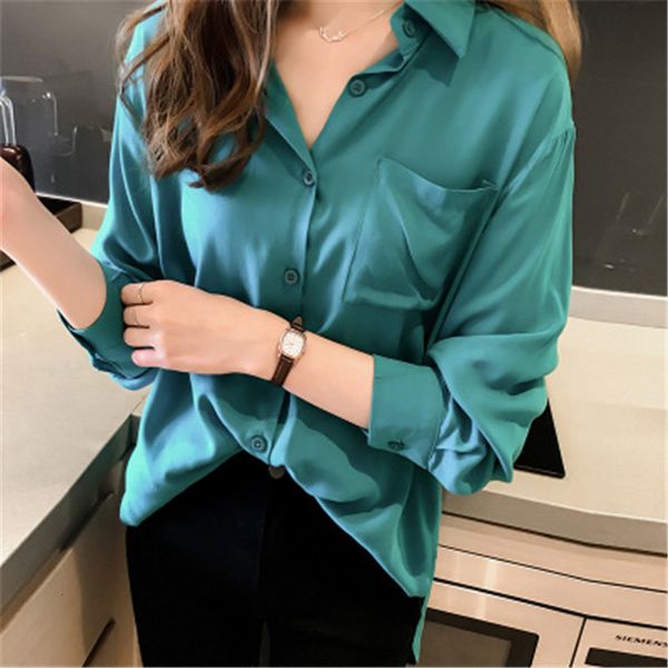 Camisas de blusas femininas camisa feminina BLUSA elegante camisa verde de cetim verde lapela do escritório formal da camisa do Top Pz1149 230410