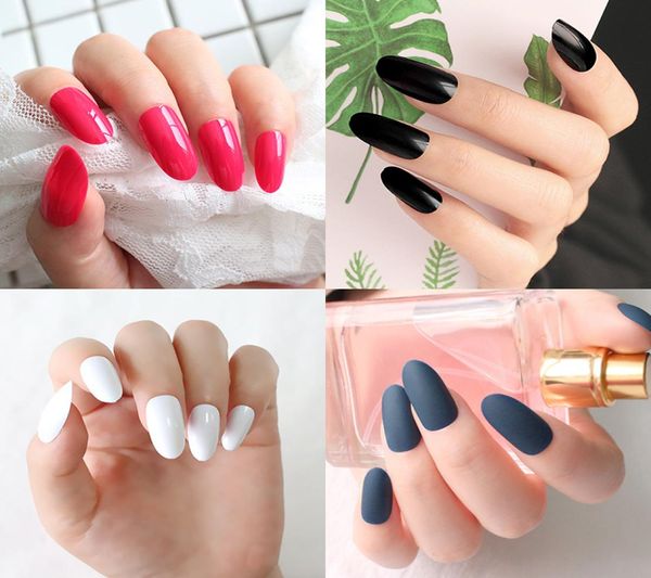 Novos 5 Conjuntos x 24 pcs Longo Oval Unhas Postiças Arte Amêndoa cabeça redonda Pontas de unhas Falsas Design Redondo Branco Preto Limpar Carne Natural Tips5552945