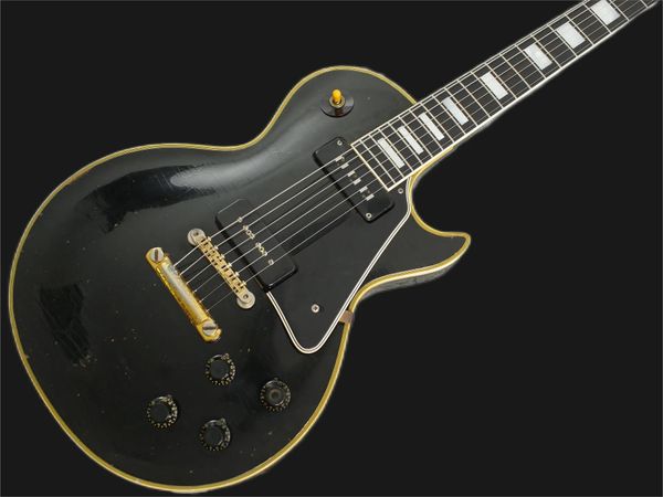En iyi özel 1958 yeniden düzenleme p90 pikap siyah güzellik elektro gitar abanoz klavye, sarı 5 kat bağlama, siyah pickguard, beyaz inci blok kakma 258