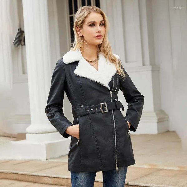 Giacca da donna in pelle 2023 autunno inverno donna in pile PU giacca con cerniera a doppia testa capispalla caldo moda tinta unita cappotto casual