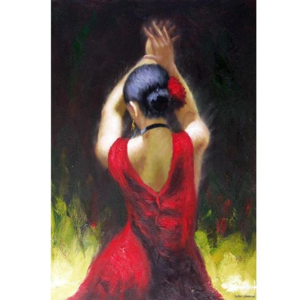 Dipinti ad olio di figura Ballerina di flamenco in abito rosso Bella donna Arte su tela per la decorazione del bagno dipinta a mano3509604