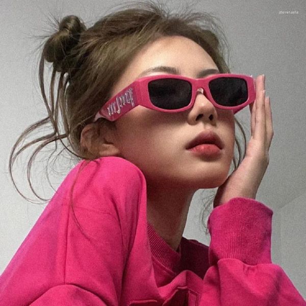 Óculos de sol moda pequeno quadro retangular rosa vermelho feminino retro y2k proteção UV