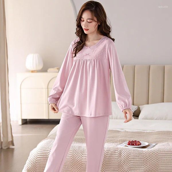 Женская одежда для сна из чистого хлопка, пижамный комплект для женщин среднего и пожилого возраста, модная свободная мягкая ночная рубашка с длинными рукавами и кружевным дизайном