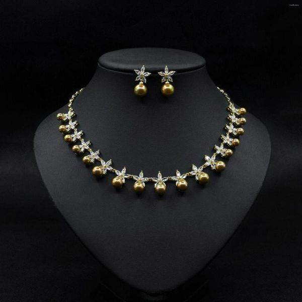 Ketten Marke Echter Luxus Echte Juwelen Wind Mode Nachahmung Perle Diamant Halskette Schlüsselbein Kette Blume Ohrringe Tw