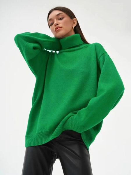 Suéteres femininos 2023 outono básico camisola verde para mulheres pullovers gola alta rosa vermelho inverno feminino malha top quente macio menina baggy