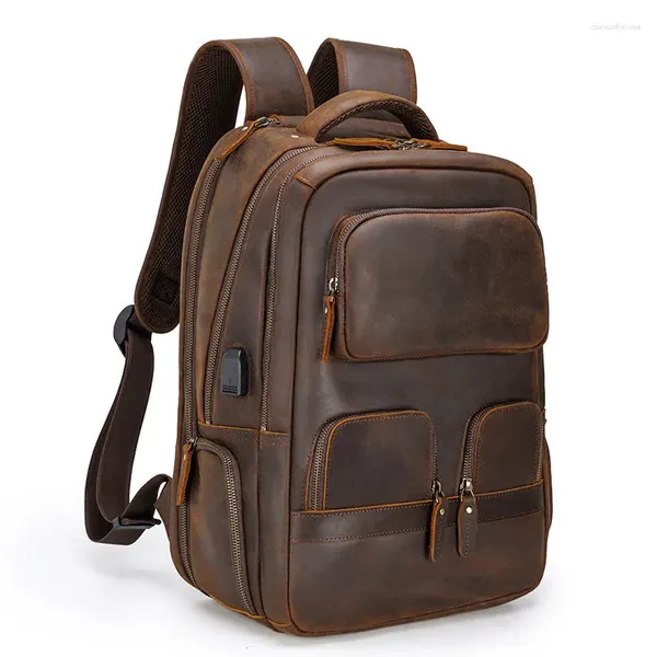 Borse da scuola Zaino in pelle a doppio strato da uomo Borsa da viaggio maschile di grande capacità Bagpack Connettore di ricarica USB Laptop