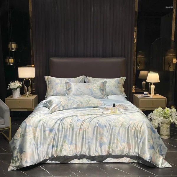 Conjuntos de cama Natural Silk Set High-End Luxury Soft Silky Quilt Cover Único Duplo King Size Impressão Duvet