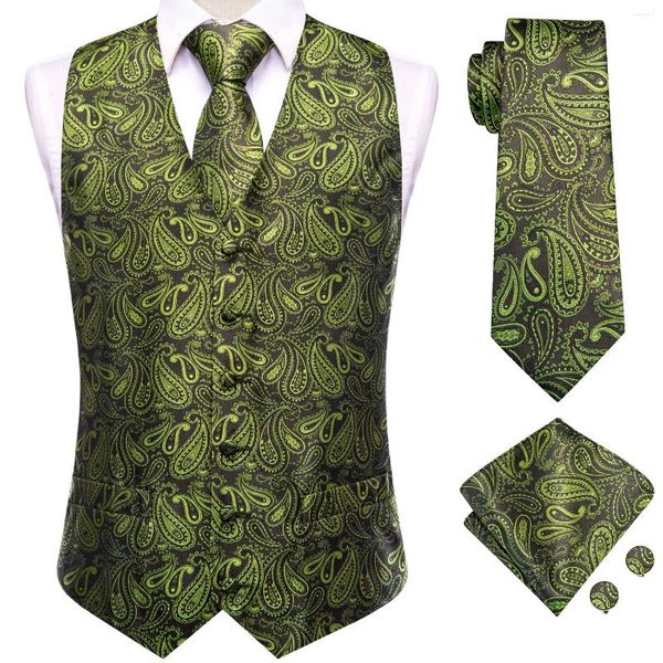 Herrenwesten Grün Braun Seide Paisley Krawatte Taschentuch Manschettenknöpfe Ärmellose Anzug Weste Sets Business Designer Geschenk Hi-Tie