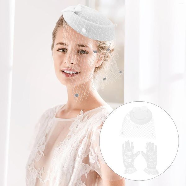 Berretti Cappello da cocktail Decorazioni per matrimoni Portapillole Velo da donna Accessorio per capelli da festa Guanti corti in pizzo Barrette in poliestere da donna