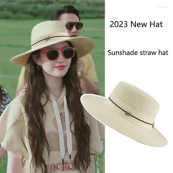 Wide Brim Hats Damen Strohhut M LOGO Flat Top Cap Frühling Sommer Koreanisch Vintage Mode Jazz Beach Holiday Sonnenblende Caps Lady Panama