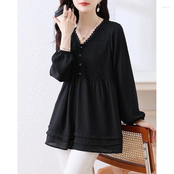Blusas femininas primavera outono manga longa renda com decote em v chiffon camisa feminina moda temperamento solto elegância estilo coreano blusa de cor sólida