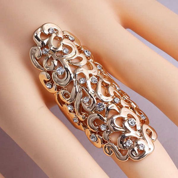 Anelli a fascia New Fashion Retro Esagera Scava fuori Crystal Gold Color Big Knuckle Rings per i regali di gioielli da donna Fedi nuziali lunghe P230411