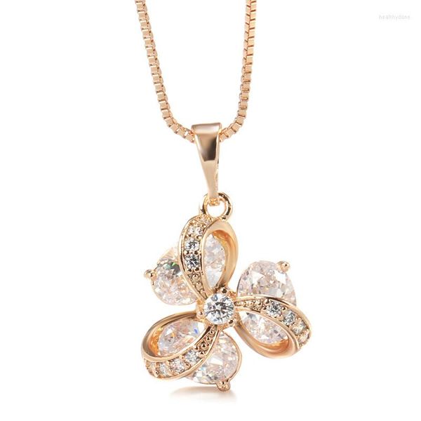 Anhänger Halsketten Blume 585 Rose Gold Farbe Halskette für Frauen Nadel Strass Pflanze Kristall Schmuck natürlichen Zirkon Vintage Halsband