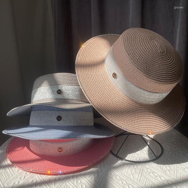 Chapéus de borda larga M Carta Redondo Flat Top Straw Beach Chapéu Verão Sol Panamá Fedora Mulheres Viagens Grandes Femme