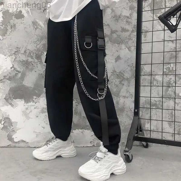 Calça masculina calça de carga masculina correntes bolso punk calça de moletom preta harajuku calça corredor calças femininas roupas de streetwear de hip-hop techwearwwear w0411