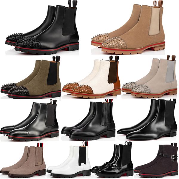 Berühmte Herren Damen Deluxe Stiefeletten mit Melonen-Spikes, flacher Stiefel, Italien, zartes Kalbsleder, Wildleder, Gummi, Profilsohle, Designer, lässiger Booty, Abendkleid, kurze Stiefeletten, Box EU 38–47