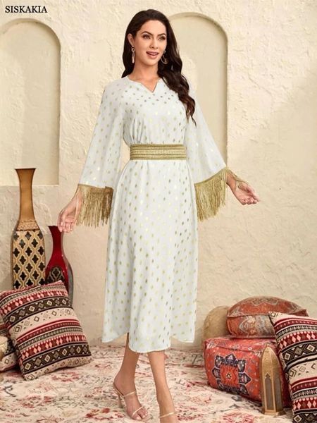 Ethnische Kleidung Siskakia Fashion Chic Chiffon Goldprägung Weiß Gürtelkleid Abend Quaste Patchwork Langarm V-Ausschnitt Dubai Saudi Robe