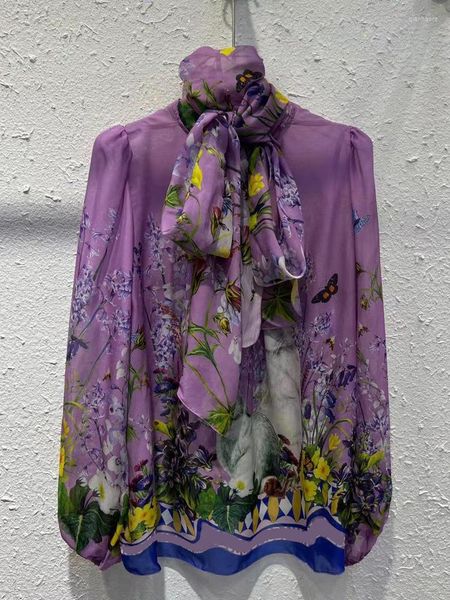 Kadınlar Blouses 2023 İlkbahar Yaz İpek Kadın Gömlek Eşarp Moda Mor Çiçek Baskı Elagnt Lady High Street