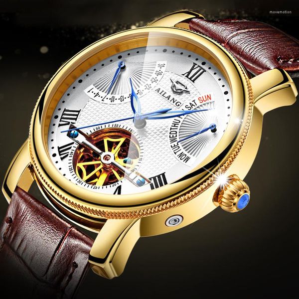 Нарученные часы Ailang Fashion Luxury Gold Business Meen Watch Case Automatic Luminous Calendar Кожаный водонепроницаемый механик 5802