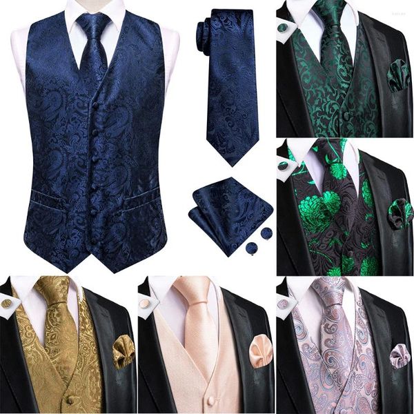 Coletes masculinos Hi-Tie Azul Marinho Mens Colete De Seda Moda Paisley Jacquard Lenço Abotoaduras Gravata Sem Mangas Wistcoat Conjunto De Negócios De Casamento