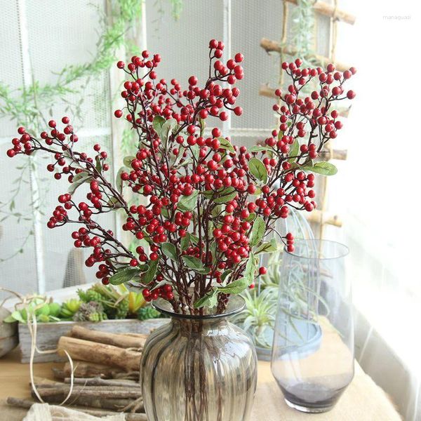 Flores decorativas 1pc natal bagas artificiais falso holly berry flor estame buquê diy grinalda decoração de natal